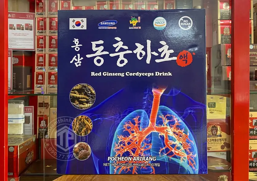 Nước hồng sâm đông trùng hạ thảo bổ phổi Pocheon hộp 30 gói x 70ml Nước hồng sâm đông trùng hạ thảo bổ phổi Pocheon hộp 30 gói x 70ml