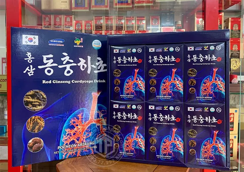Nước hồng sâm đông trùng hạ thảo bổ phổi Pocheon hộp 30 gói x 70ml Nước hồng sâm đông trùng hạ thảo bổ phổi Pocheon hộp 30 gói x 70ml