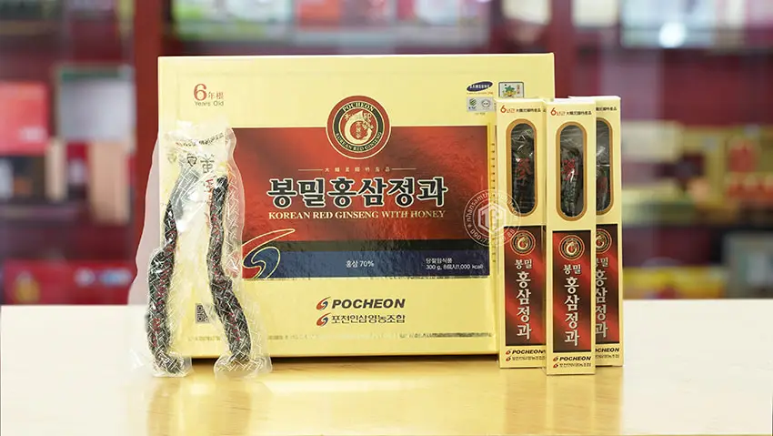 Hồng sâm nguyên củ tẩm mật ong hộp 300g chính hãng Pocheon sâm Hàn Quốc 6 năm tuổi Hồng sâm nguyên củ tẩm mật ong hộp 300g chính hãng Pocheon sâm Hàn Quốc 6 năm tuổi