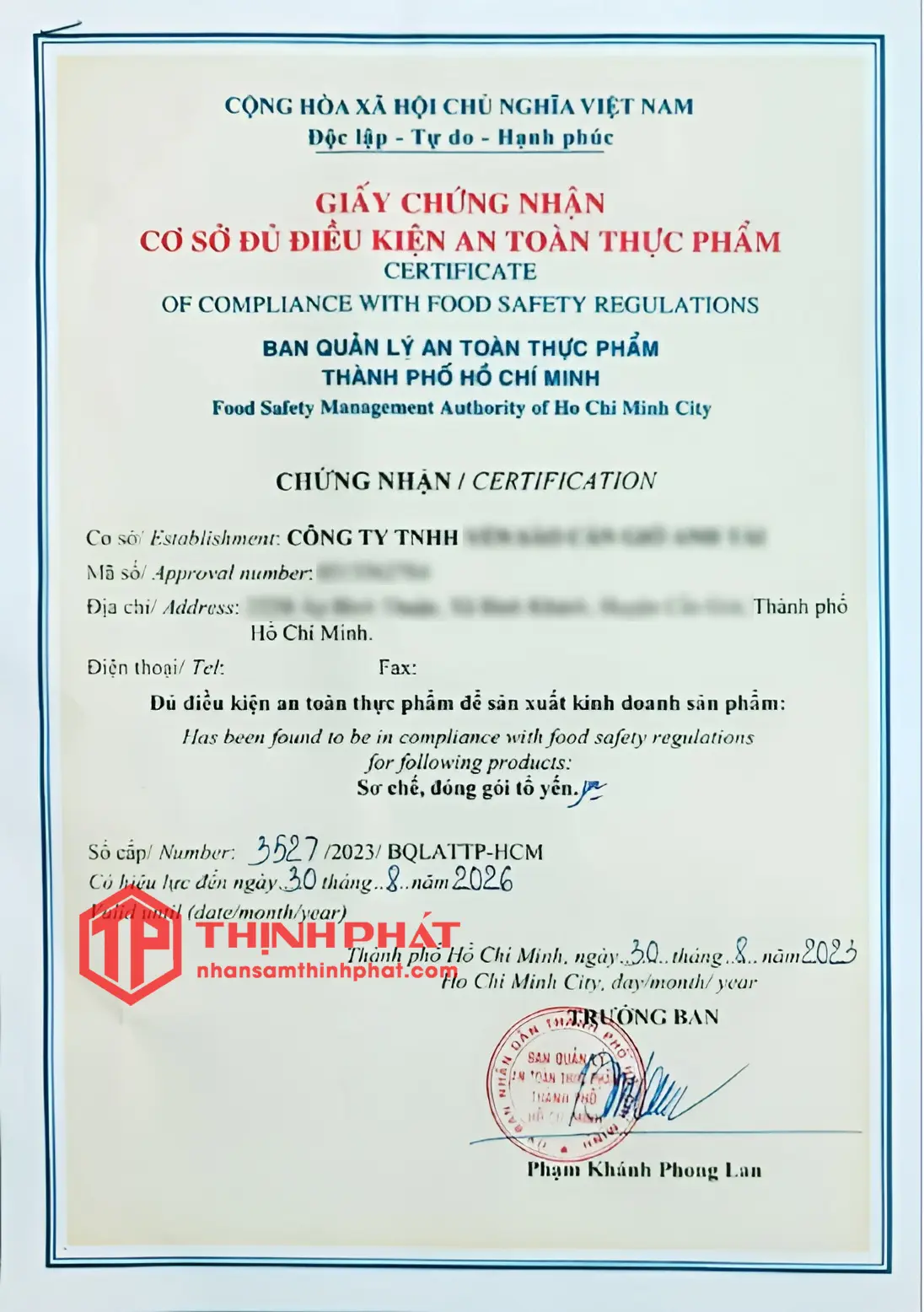 Giấy chứng nhận an toàn thực phẩm yến sào Cần Giờ