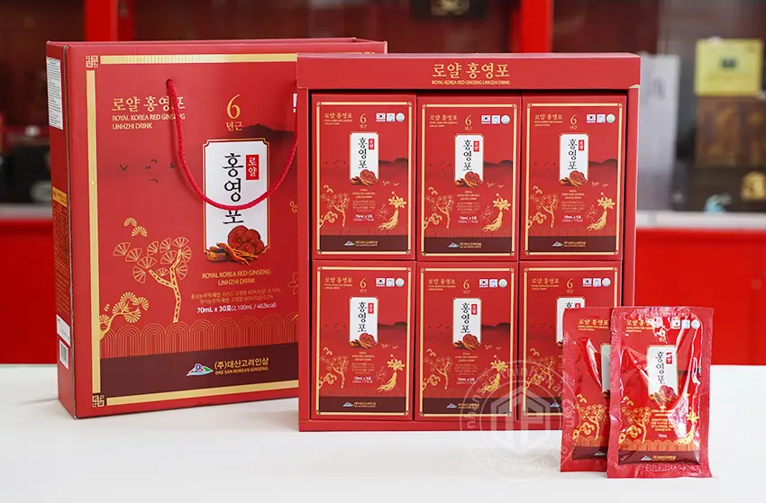 Nước hồng sâm linh chi Daesan Hàn Quốc hộp 30 gói x 70ml Nước hồng sâm linh chi Daesan Hàn Quốc hộp 30 gói x 70ml