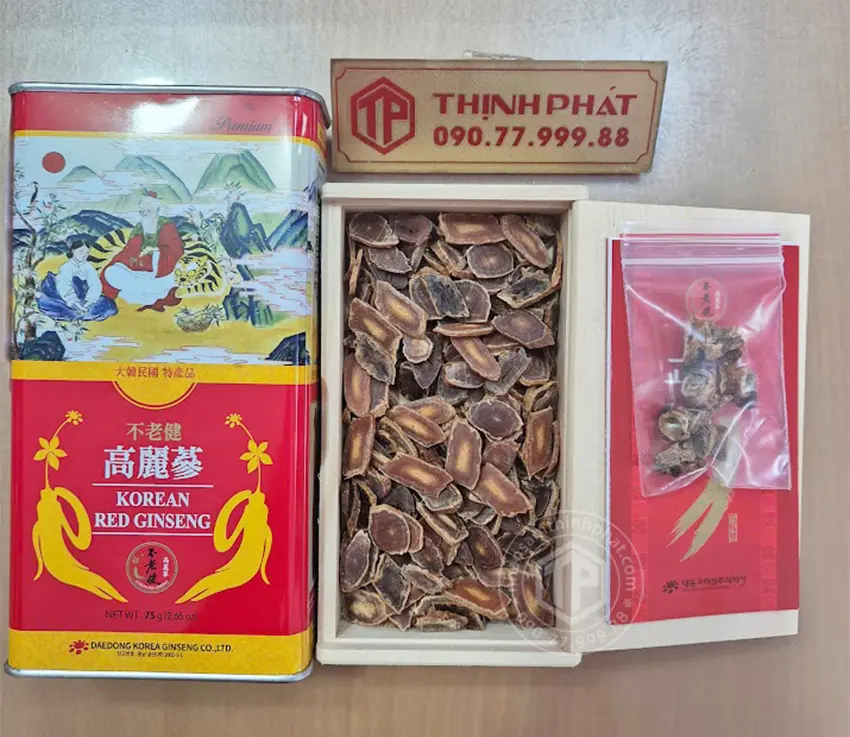 Hồng sâm củ khô 6 năm tuổi 75g hộp thiếc chính hãng Daedong Hàn Quốc Hồng sâm củ khô 6 năm tuổi 75g hộp thiếc chính hãng Daedong Hàn Quốc